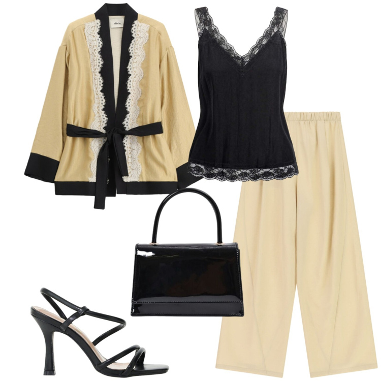 Outfit donna - Total look #2454997. Stile Chic per Serata fuori. Abbinamento con pantaloni a palazzo, sandali col tacco, blazer, canottiere, borse a mano.