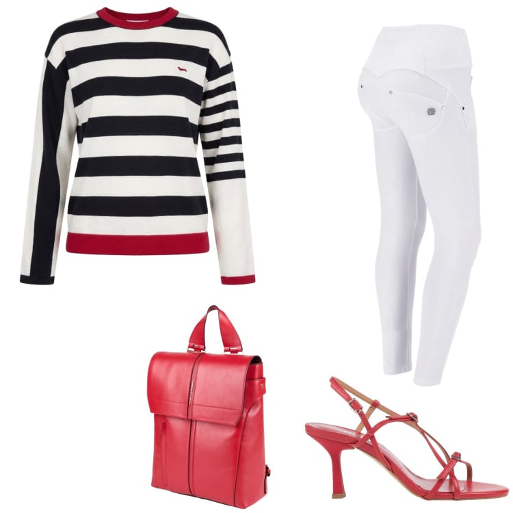 Outfit donna - Righe Classiche, Dettagli Decisi. Stile Casual chic per Tutti i giorni. Abbinamento con zaini, sandali in pelle, maglieria, pantaloni skinny.