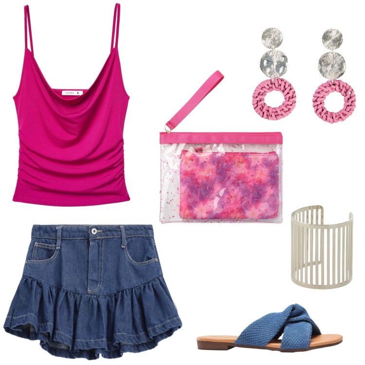 Outfit donna - Leggerezza Estiva in Fucsia e Jeans. Stile Trendy per Tutti i giorni. Abbinamento con orecchini, ciabatte, pochette, canottiere, minigonne, braccialetti.