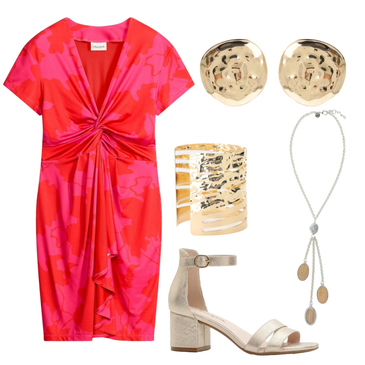 Outfit donna - 2: Tramonto Chic: Glamour & Curve in Luc. Stile Romantica per Serata fuori. Abbinamento con vestiti, sandali col tacco, collane, orecchini, braccialetti.