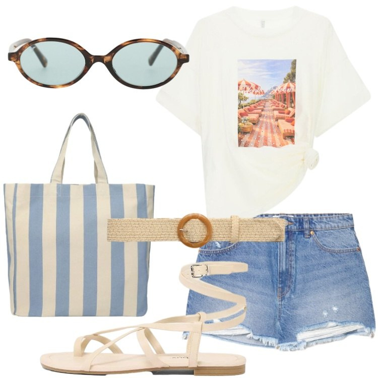 Outfit donna - Agosto, non ci sono per nessuno!. Stile Trendy per Tutti i giorni. Abbinamento con sandali, shopping bag, cinture, shorts, occhiali da sole, t-shirt.