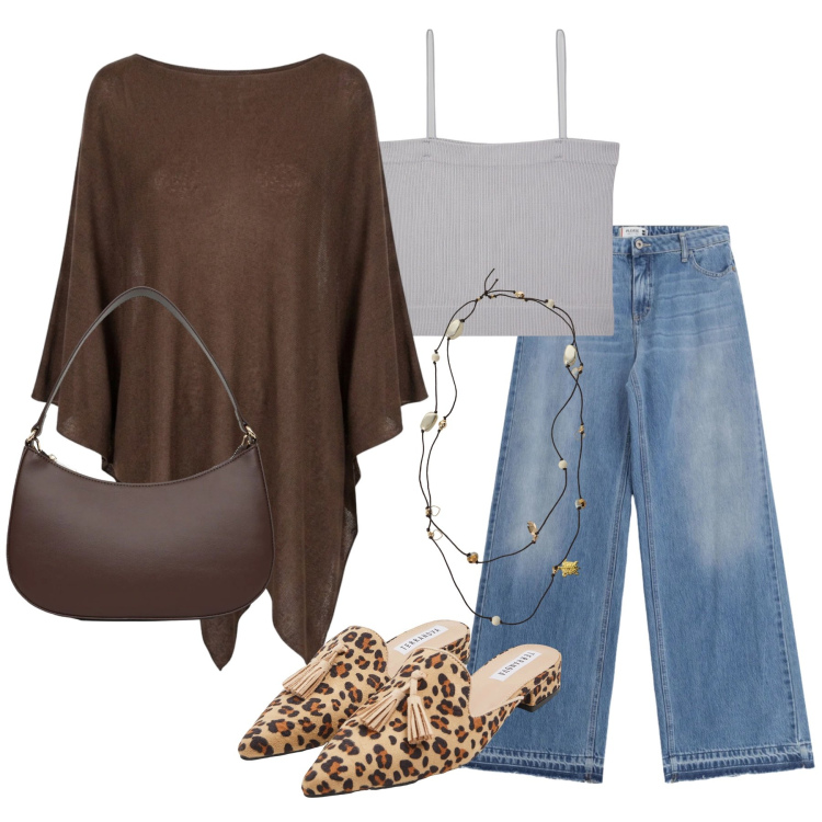 Outfit donna - Agosto. Stile Casual chic per Tutti i giorni. Abbinamento con sabot, borse a tracolla, canottiere, jeans, collane, cappotti.