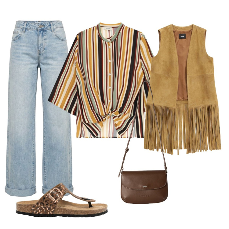 Outfit donna - Il gilè con le frange anni 70. Stile Boho per Tutti i giorni. Abbinamento con infradito, borse a tracolla, camicie, gilet, jeans.