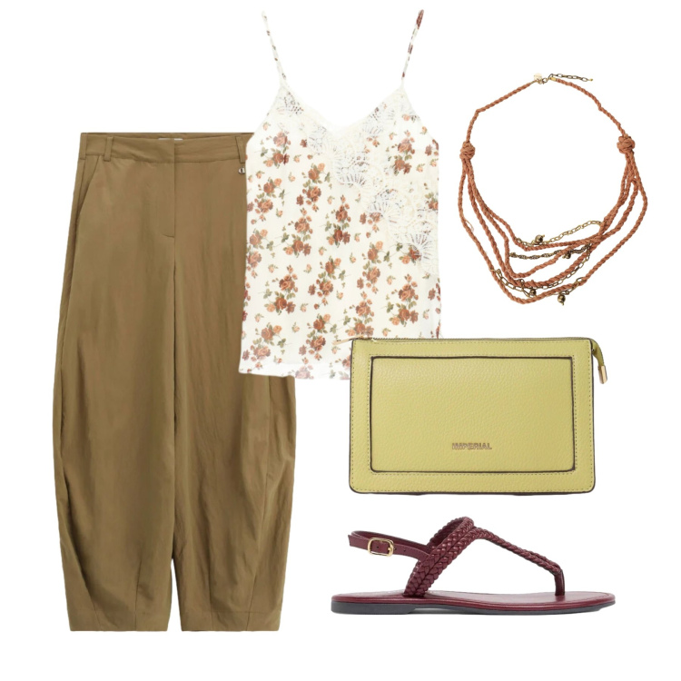 Outfit donna - Agosto. Stile Trendy per Tutti i giorni. Abbinamento con ciabatte, borse a tracolla, top, pantaloni, collane.