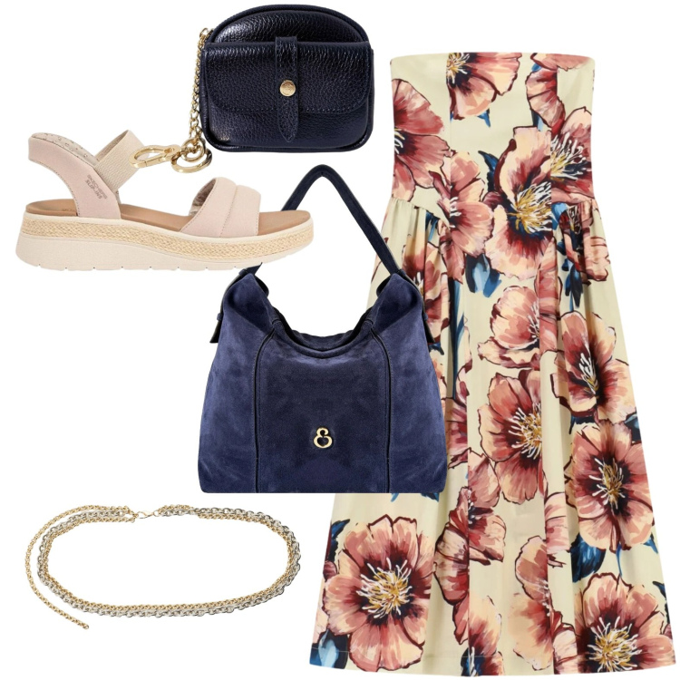 Outfit donna - Abito midi strutturato. Stile Boho per Tutti i giorni. Abbinamento con sandali, vestiti midi/longuette, cinture, borse a spalla, portachiavi.
