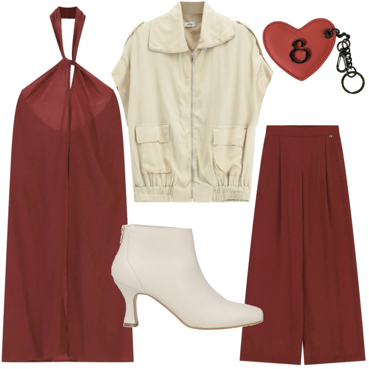 Outfit donna - Top halter. Stile Casual per Serata fuori. Abbinamento con stivaletti, pantaloni a palazzo, top, gilet, portachiavi.