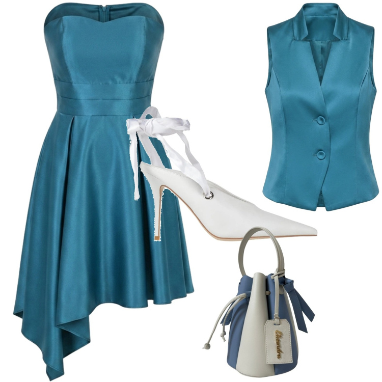 Outfit donna - Tonalità vibrante. Stile Glamour per Cerimonia. Abbinamento con décolleté, vestiti asimmetrici, gilet, borse a secchiello.
