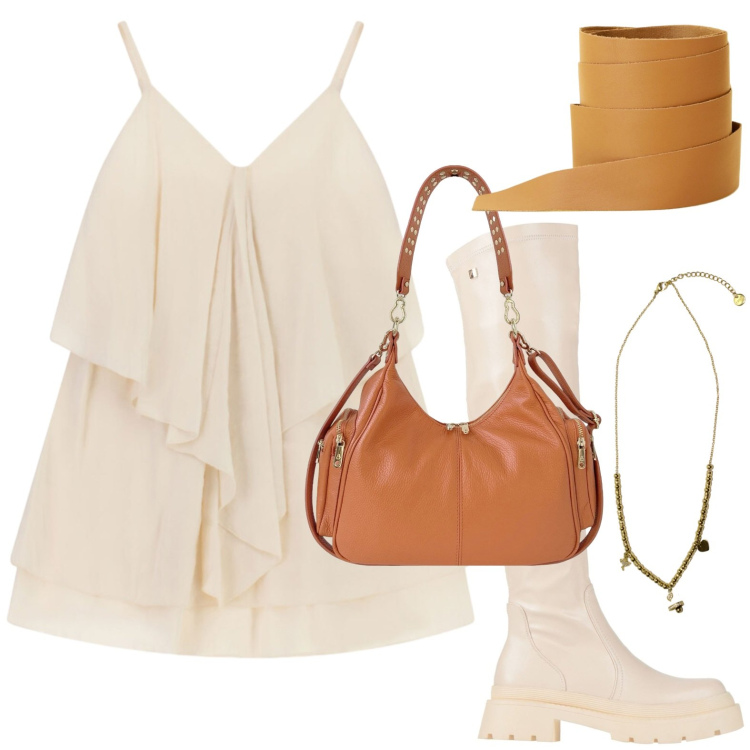 Outfit donna - Scelta versatile. Stile Casual chic per Tutti i giorni. Abbinamento con stivali, cinture, vestiti corti, ciondoli, borse a spalla.