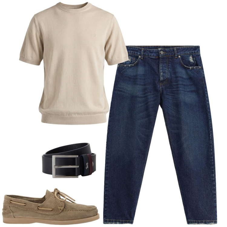 Outfit uomo - City. Stile Casual per Tutti i giorni. Abbinamento con t-shirt, cinture, scarpe stringate, jeans.