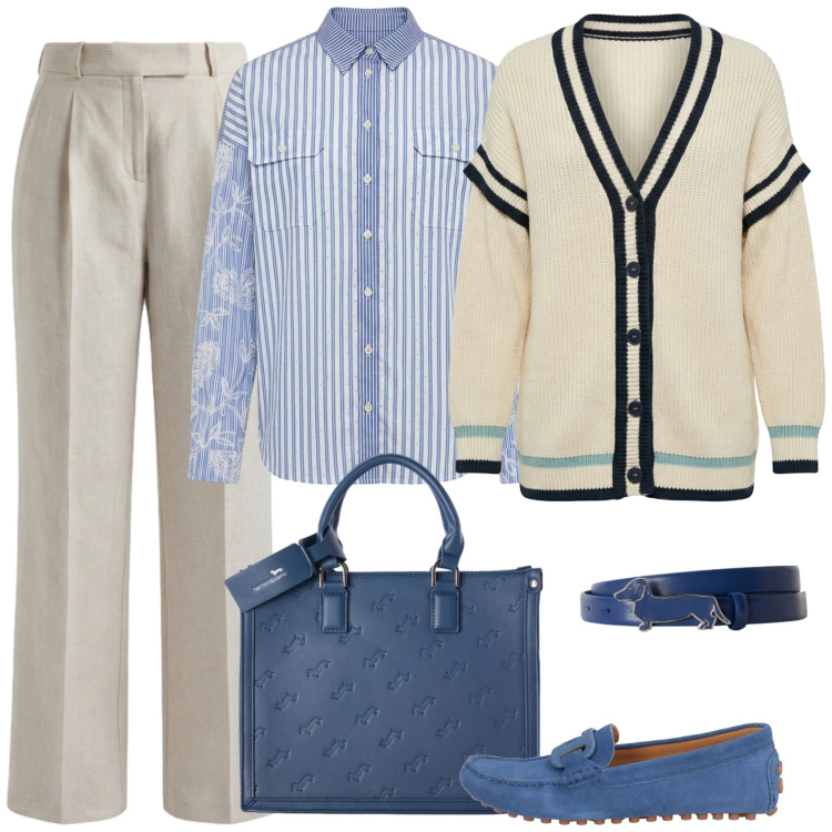 Outfit donna - Il cardigan. Stile Mannish per Ufficio. Abbinamento con mocassini, camicie, cardigans, borse a mano, pantaloni, cinture.