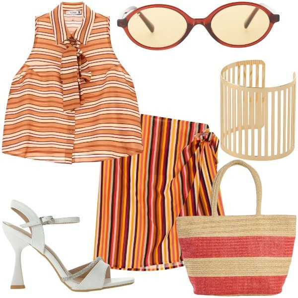 Outfit donna - a righe. Stile Casual chic per Tutti i giorni. Abbinamento con shopping bag, sandali gioiello, braccialetti, occhiali da sole, minigonne, top.