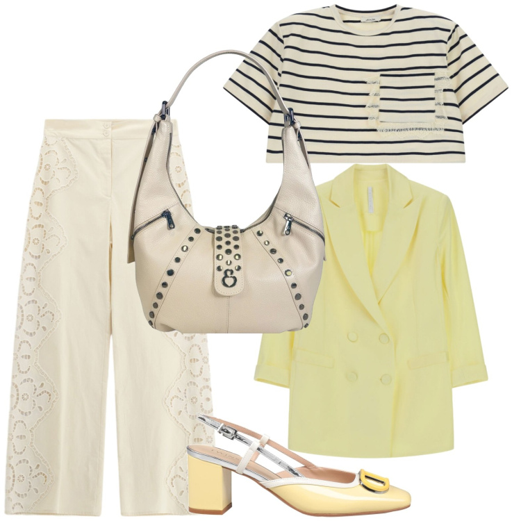 Outfit donna - A righe. Stile Chic per Serata fuori. Abbinamento con décolleté, blazer, pantaloni a palazzo, t-shirt, borse a spalla.