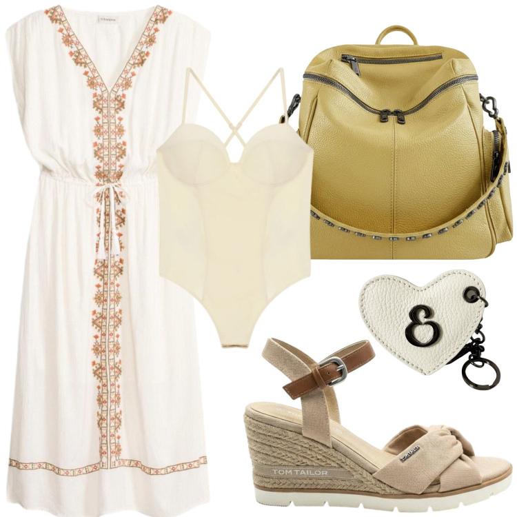 Outfit donna - Vacanze boho al mare. Stile Boho per Mare. Abbinamento con vestiti midi/longuette, sandali col tacco, body, zaini, portachiavi.