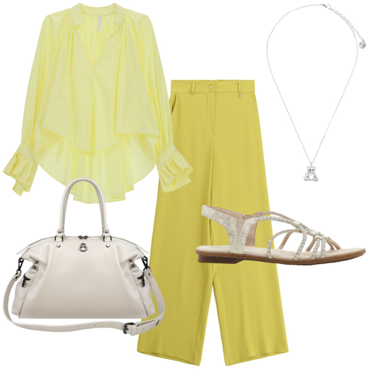 Outfit donna - Agosto, non ci sono per nessuno. Stile Glamour per Tutti i giorni. Abbinamento con sandali, camicie, pantaloni a palazzo, ciondoli, shopping bag.