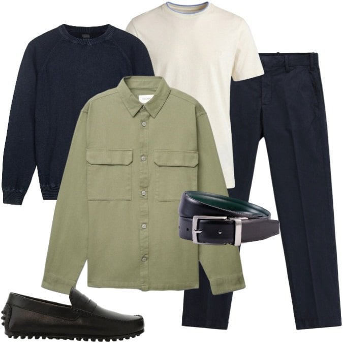 Outfit uomo - Smart -aperitivo/tempo libero/lavoro. Stile Casual per Tutti i giorni. Abbinamento con cappotti, t-shirt, maglieria, cinture, pantaloni, scarpe stringate.