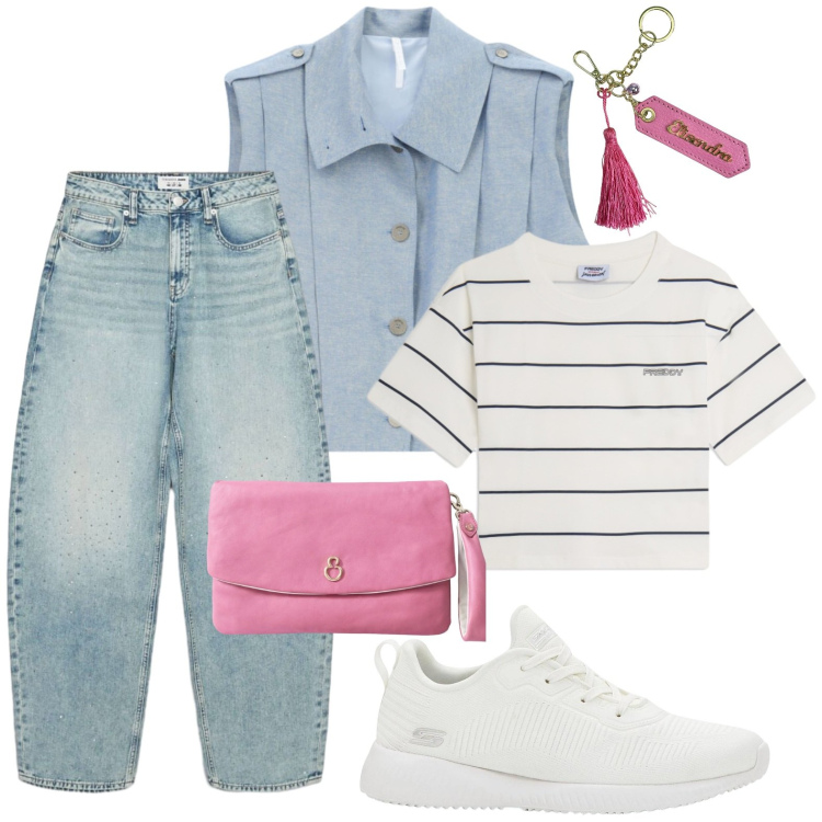 Outfit donna - A righe. Stile Casual per Tutti i giorni. Abbinamento con sneakers, gilet, jeans, t-shirt, pochette, portachiavi.
