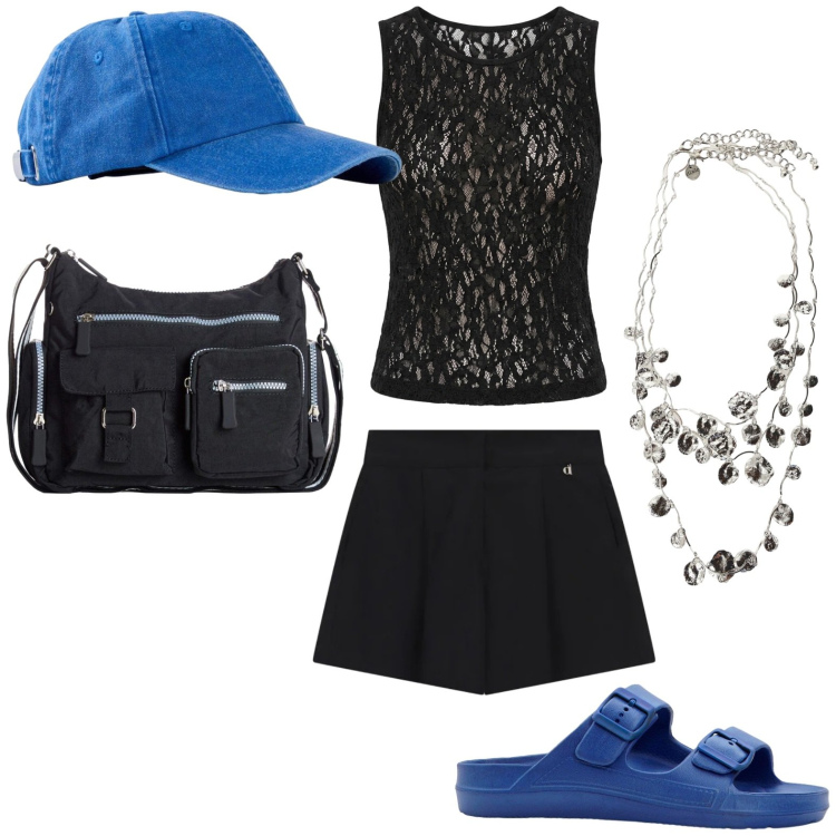 Outfit donna - Pizzo eterno. Stile Basic per Tutti i giorni. Abbinamento con ciabatte, cappelli con visiera, borse a tracolla, shorts, collane, top.