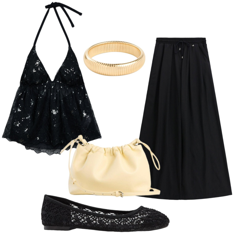 Outfit donna - Pizzo delicato. Stile Chic per Tutti i giorni. Abbinamento con ballerine, braccialetti, borse a tracolla, pantaloni a palazzo, top.