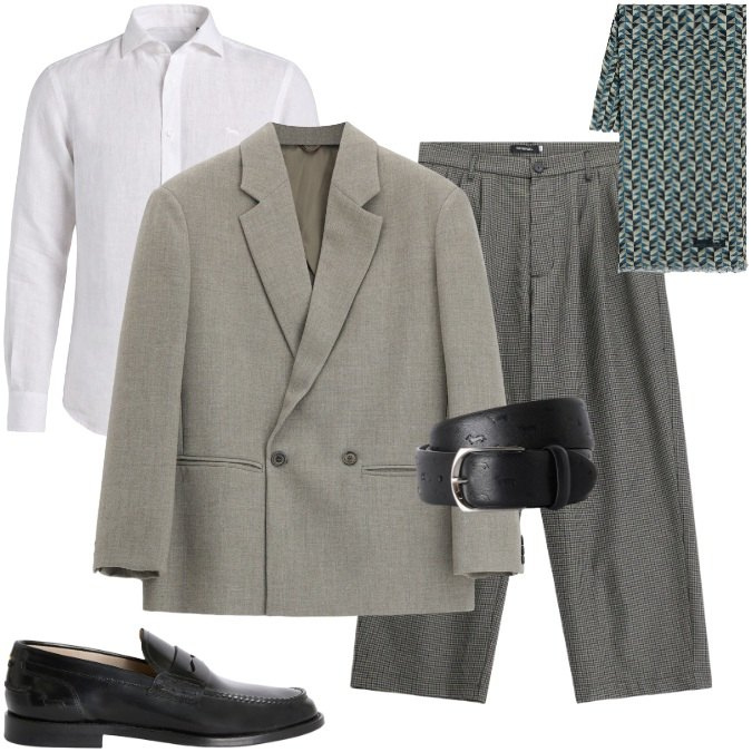 Outfit uomo - Tailoring rilassato-lavoro/eventi. Stile Casual per Ufficio. Abbinamento con sciarpe, scarpe stringate, camicie, cinture, giacche, pantaloni.