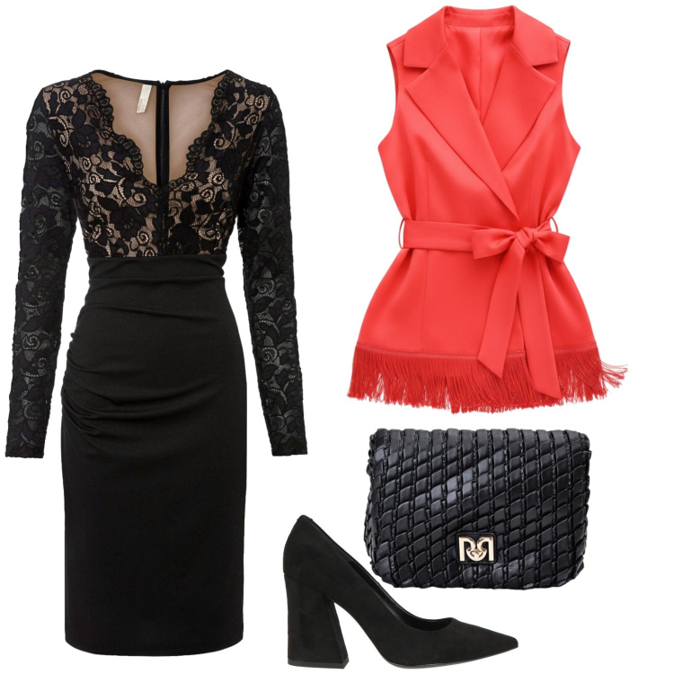 Outfit donna - Pizzo audace. Stile Chic per Serata fuori. Abbinamento con décolleté, vestiti corti, gilet, borse a tracolla.