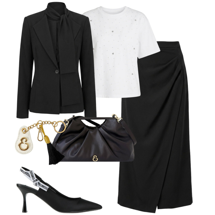 Outfit donna - City. Stile Urban per Tutti i giorni. Abbinamento con décolleté, portachiavi, clutch, gonne lunghe, blazer, t-shirt.