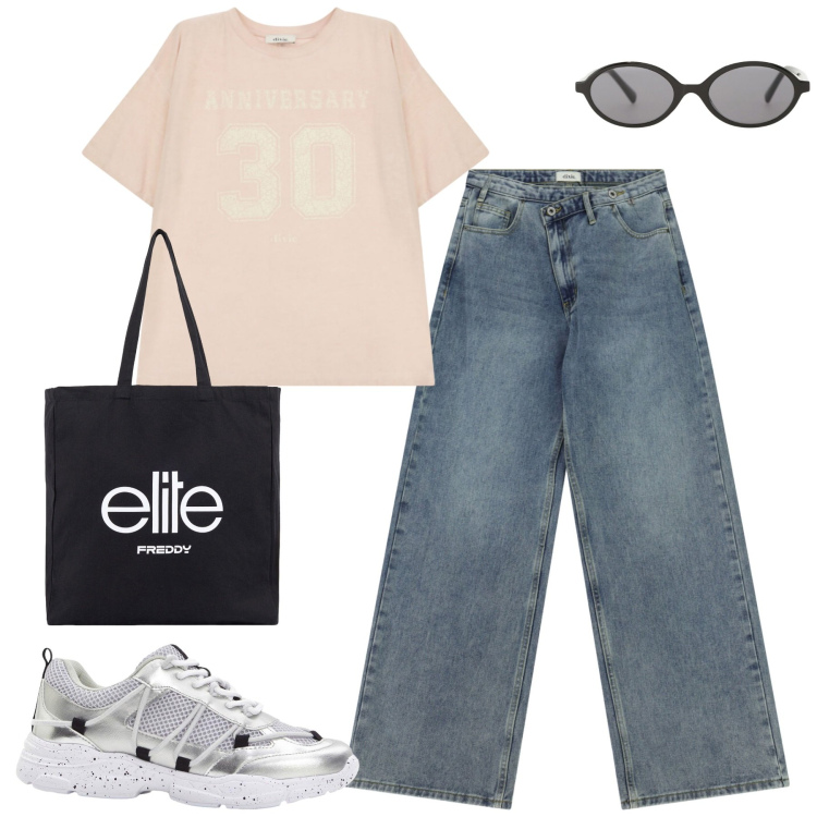 Outfit donna - Rientro in città. Stile Casual per Tutti i giorni. Abbinamento con sneakers, occhiali da sole, jeans, t-shirt, shopping bag.