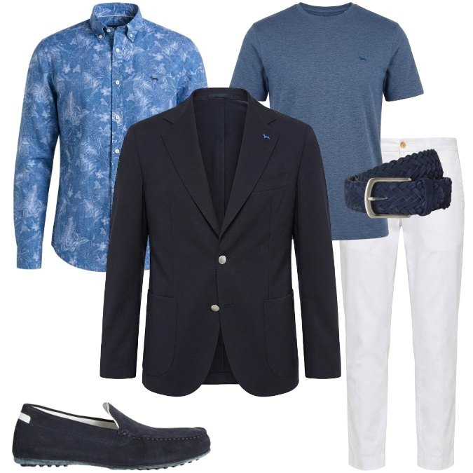 Outfit uomo - Vacanze esclusive-cene, eventi-riviera. Stile Trendy per Mare. Abbinamento con scarpe stringate, pantaloni chino, camicie, t-shirt, giacche, cinture.