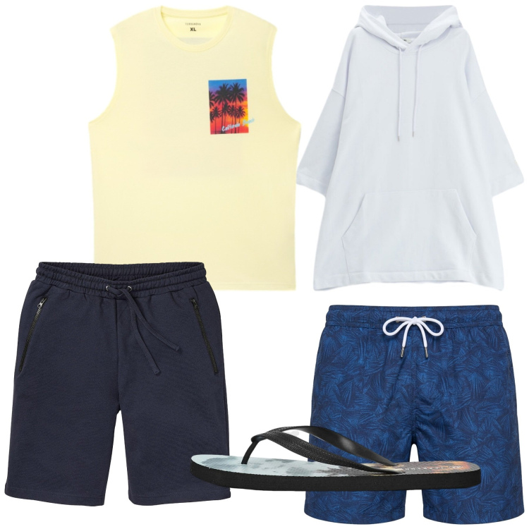 Outfit uomo - Total look #2455172. Stile Casual per Mare. Abbinamento con bermuda, costumi, felpe con cappuccio, sandali, canottiere.