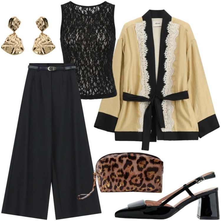 Outfit donna - Serata chic. Stile Sexy per Serata fuori. Abbinamento con pochette, top, pantaloni a palazzo, décolleté, orecchini, cappotti.