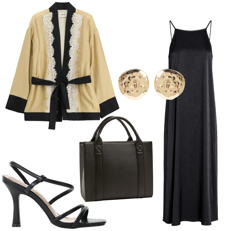 Outfit donna - Total look #2455193. Stile Glamour per Serata fuori. Abbinamento con sandali col tacco, blazer, orecchini, borse tote, vestiti lunghi.