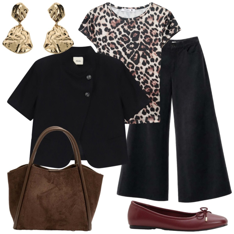 Outfit donna - In città. Stile Chic per Tutti i giorni. Abbinamento con ballerine, orecchini, blazer, t-shirt, pantaloni a palazzo, borse a spalla.