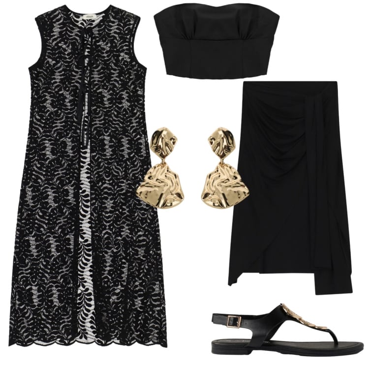 Outfit donna - Ultime serate al mare. Stile Casual chic per Serata fuori. Abbinamento con sandali, gilet, gonne longuette, orecchini, top.
