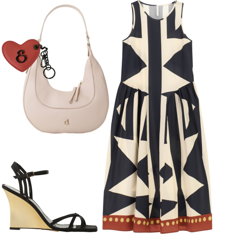 Outfit donna - Giornate afose. Stile Casual per Tutti i giorni. Abbinamento con vestiti midi/longuette, borse a tracolla, sandali col tacco, portachiavi.