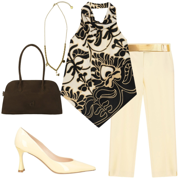 Outfit donna - Shopping. Stile Casual chic per Tutti i giorni. Abbinamento con décolleté, pantaloni, borse a spalla, top, cinture, ciondoli.