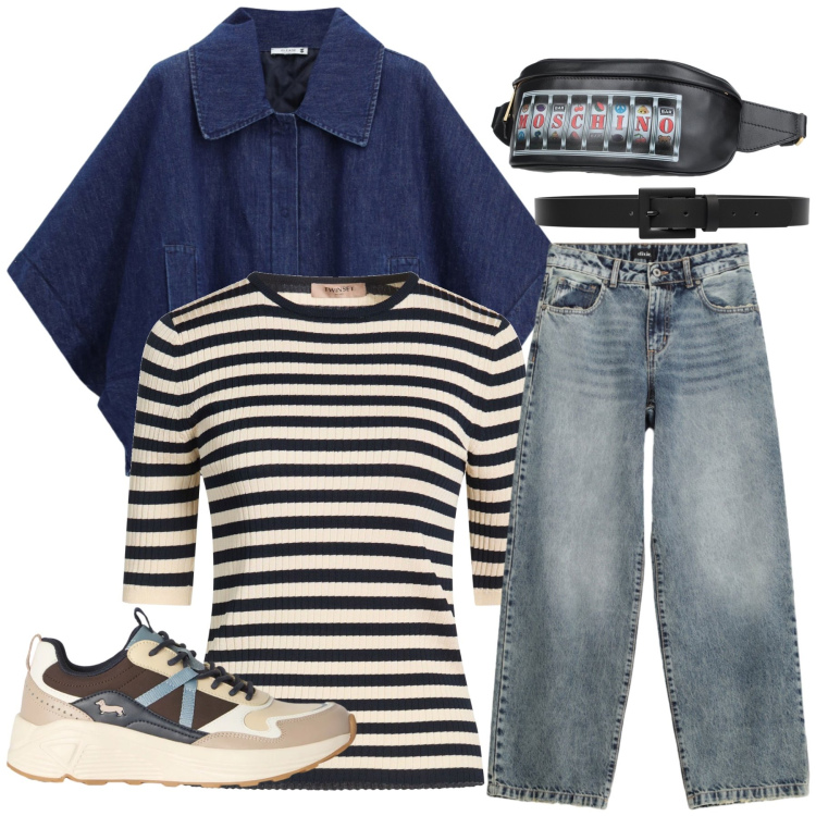 Outfit donna - Total look #2455242. Stile Casual chic per Tutti i giorni. Abbinamento con pullovers, marsupi, blazer, sneakers, jeans dritti, cinture.