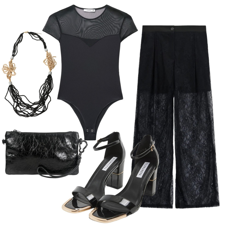 Outfit donna - Total look #2455244. Stile Sexy per Serata fuori. Abbinamento con collane, top, sabot, pantaloni a palazzo, pochette.