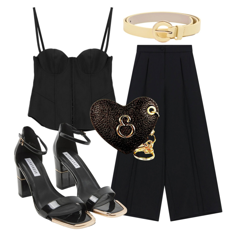 Outfit donna - Total look #2455246. Stile Sexy per Serata fuori. Abbinamento con pantaloni a palazzo, top, sabot, cinture, portachiavi.