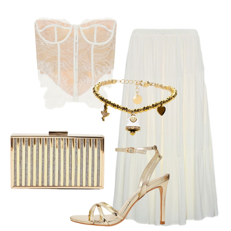 Outfit donna - Like a virgin. Stile Glamour per Serata fuori. Abbinamento con sandali col tacco, gonne lunghe, top, clutch, braccialetti.
