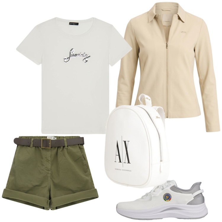 Outfit donna - Pranzo in rifugio. Stile Sporty chic per Tutti i giorni. Abbinamento con zaini, shorts, t-shirt, scarpe sportive, felpe.