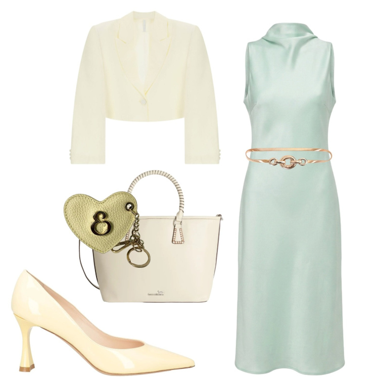 Outfit donna - Elegante. Stile Chic per Serata fuori. Abbinamento con décolleté, shopping bag, blazer, cinture, vestiti midi/longuette, portachiavi.