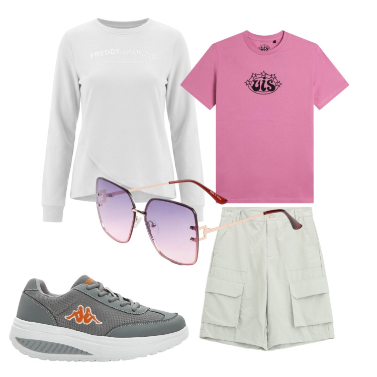 Outfit donna - Passeggiata. Stile Sporty chic per Tutti i giorni. Abbinamento con sneakers, occhiali da sole, bermuda, t-shirt sportive, felpe.