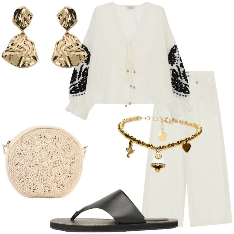 Outfit donna - Cena vista mare Curvy Style. Stile Boho per Serata fuori. Abbinamento con borse a tracolla, infradito, bluse, pantaloni a palazzo, orecchini, braccialetti.