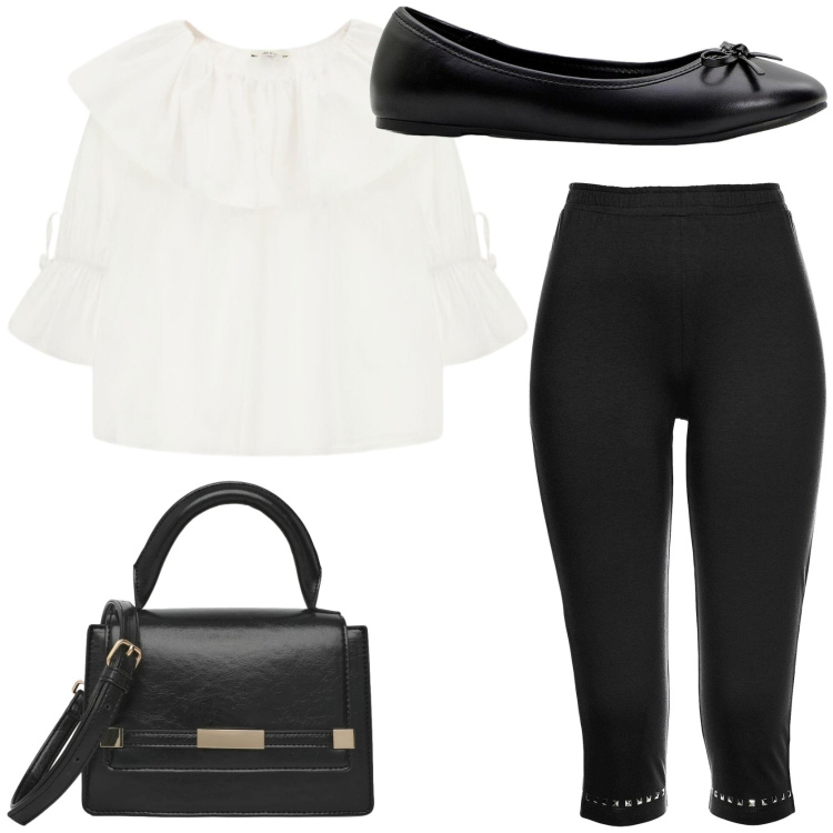Outfit donna - Trendy. Stile Trendy per Tutti i giorni. Abbinamento con ballerine, leggings, borse a spalla, camicie.