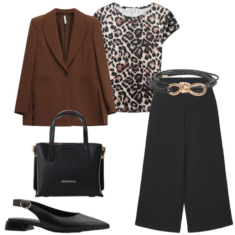 Outfit donna - Total look #2455255. Stile Casual chic per Ufficio. Abbinamento con ballerine, blazer, borse a tracolla, cinture, pantaloni a palazzo, t-shirt.