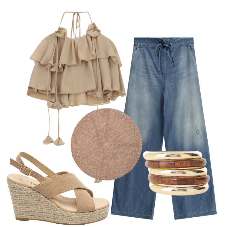 Outfit donna - Total look #2455257. Stile Trendy per Tutti i giorni. Abbinamento con sandali col tacco, top, braccialetti, jeans, cappelli.