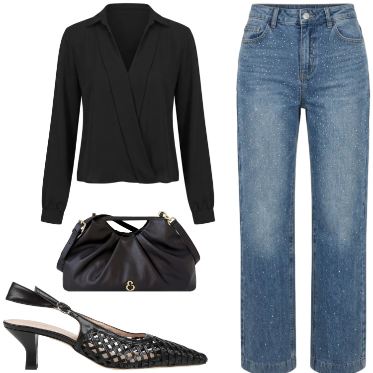 Outfit donna - Jeans elevato. Stile Chic per Tutti i giorni. Abbinamento con décolleté, bluse, clutch, jeans.