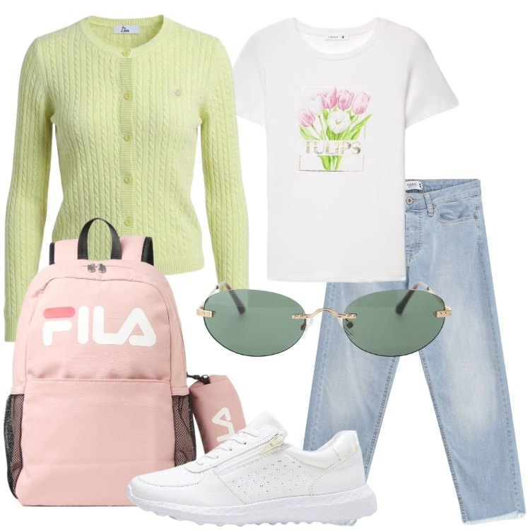 Outfit donna - Fuga in montagna. Stile Casual per Tutti i giorni. Abbinamento con sneakers, zaini, occhiali da sole, t-shirt, cardigans, jeans.