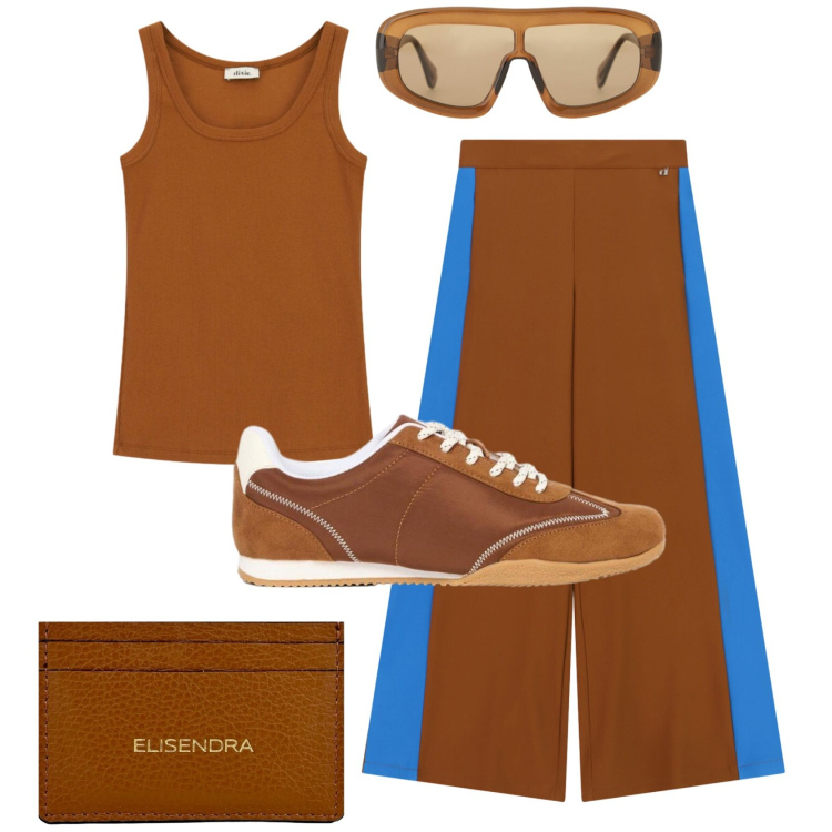 Outfit donna - Total look #2455267. Stile Urban per Tutti i giorni. Abbinamento con sneakers, occhiali da sole, top, pantaloni a palazzo, portafogli.