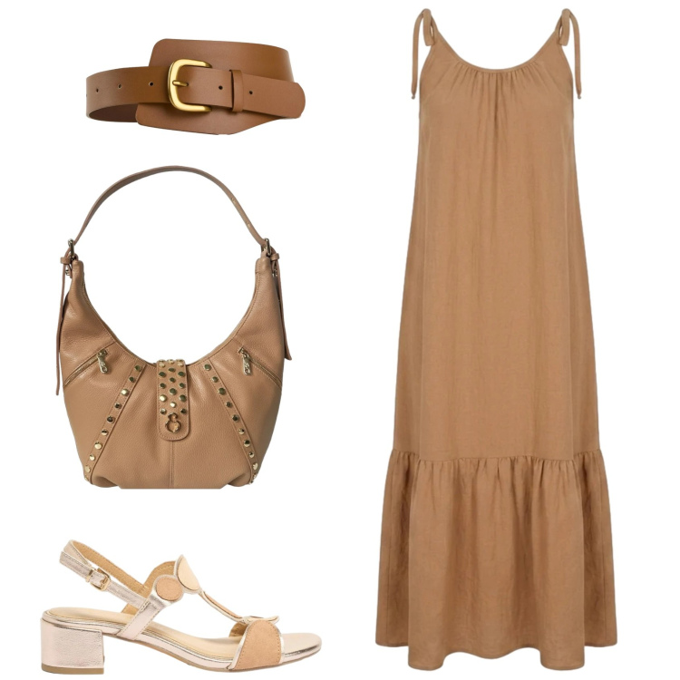 Outfit donna - Caffè macchiato. Stile Casual per Tutti i giorni. Abbinamento con cinture, sandali col tacco, borse a spalla, vestiti.