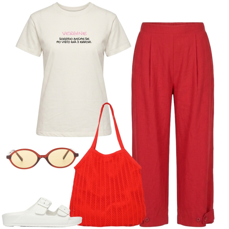 Outfit donna - Rosso e bianco. Stile Basic per Tutti i giorni. Abbinamento con ciabatte, shopping bag, occhiali da sole, pantaloni, t-shirt.